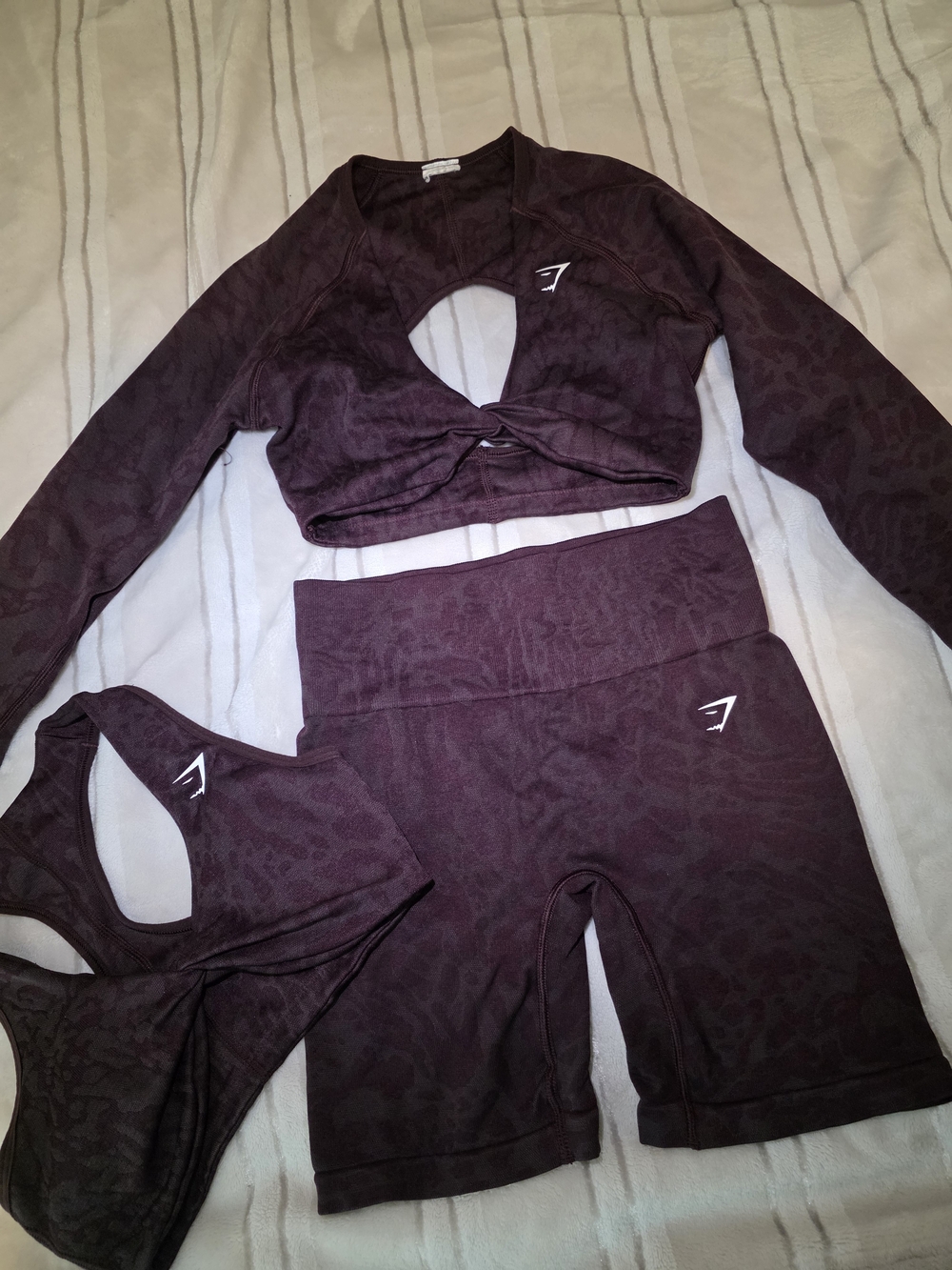 Gymshark Women's Plum Seamless Twist Long Sleeve Crop, Sports Bra & Short Set